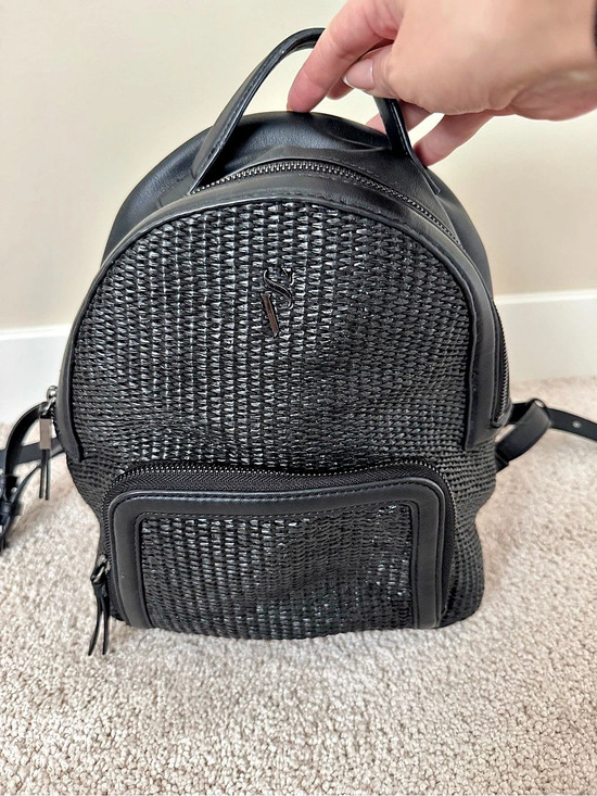 Vera Wang Handbags - Vera Wang Black Woven Mini Backpack Purse Faux Leather Zip Pockets